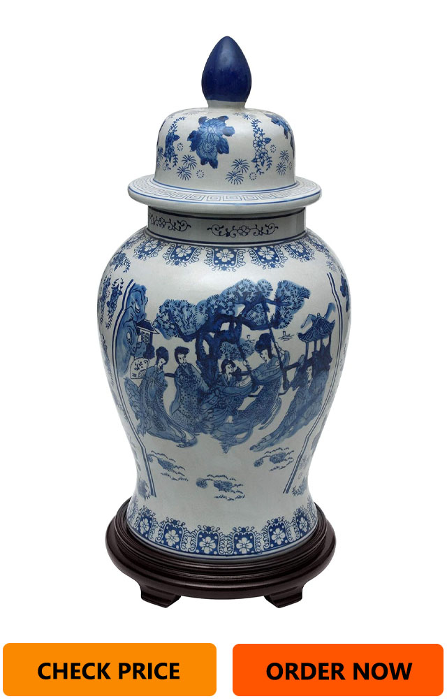 Red Lantern 24″ Ladies Blue & White Porcelain Temple Jar