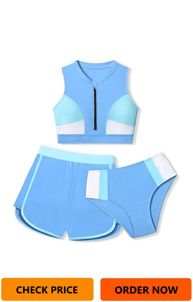 Girls Swimsuit 3 Piece Zipper Front Bathing Suit